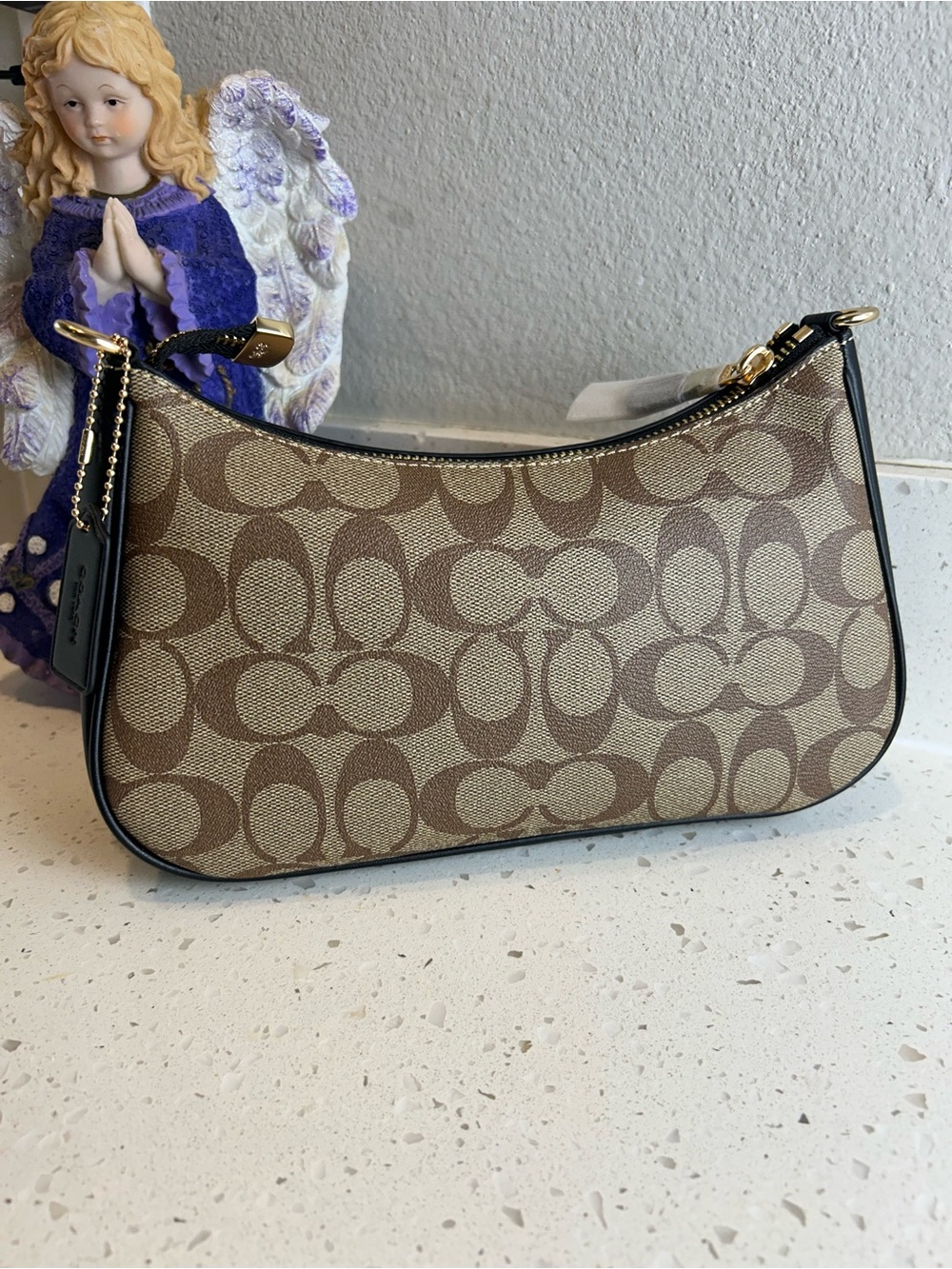 Coach Mini Shoulder Bag in Brown Signature Canvas with Black Trim